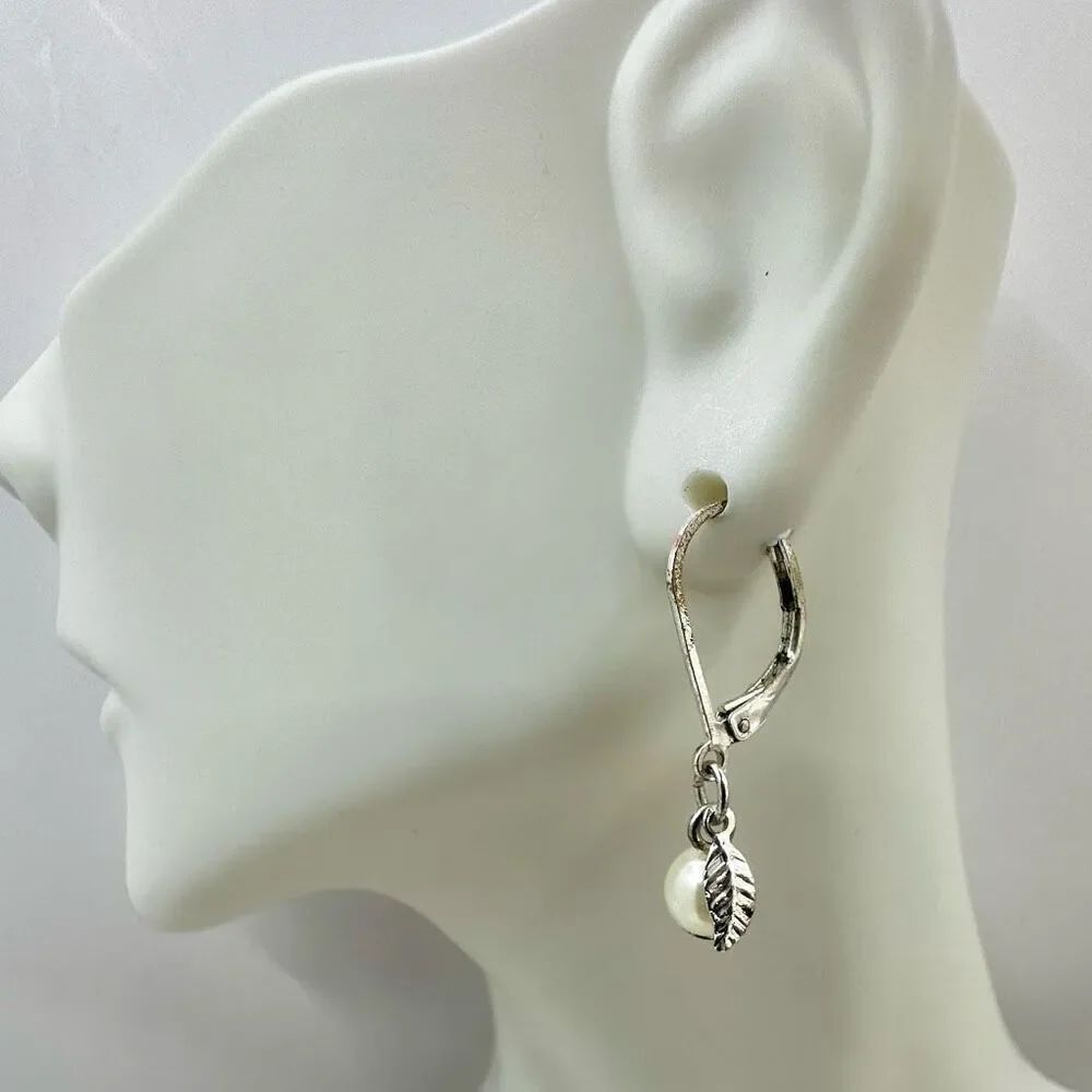 Silver tone faux Pearl leaf earrings